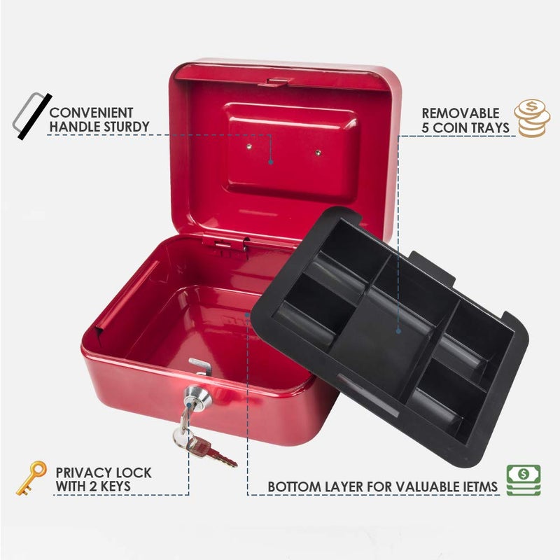 Kyodoled Medium Cash Box with Money Tray,Small Safe Lock Box with Key,Cash Drawer,7.87"x 6.30"x 3.54" Red Medium - Image 2